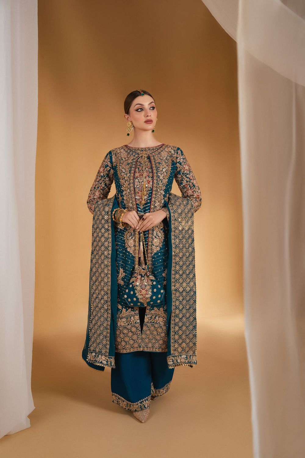 Blue Embroidered Chiffon Partywear Gown Online in Dubai UAE Abudhabi Ajman Sharjah