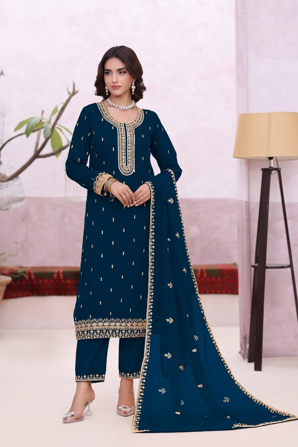 Blue Embroidered Chiffon Partywear Kurta Set Online in Dubai UAE Abudhabi Ajman Sharjah