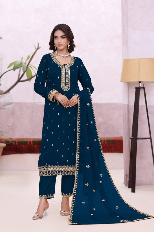 Blue Embroidered Chiffon Partywear Kurta Set Online in Dubai UAE Abudhabi Ajman Sharjah