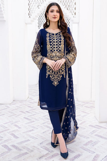 Blue Embroidered Chiffon Partywear Suit Online in Dubai UAE Abudhabi Ajman Sharjah