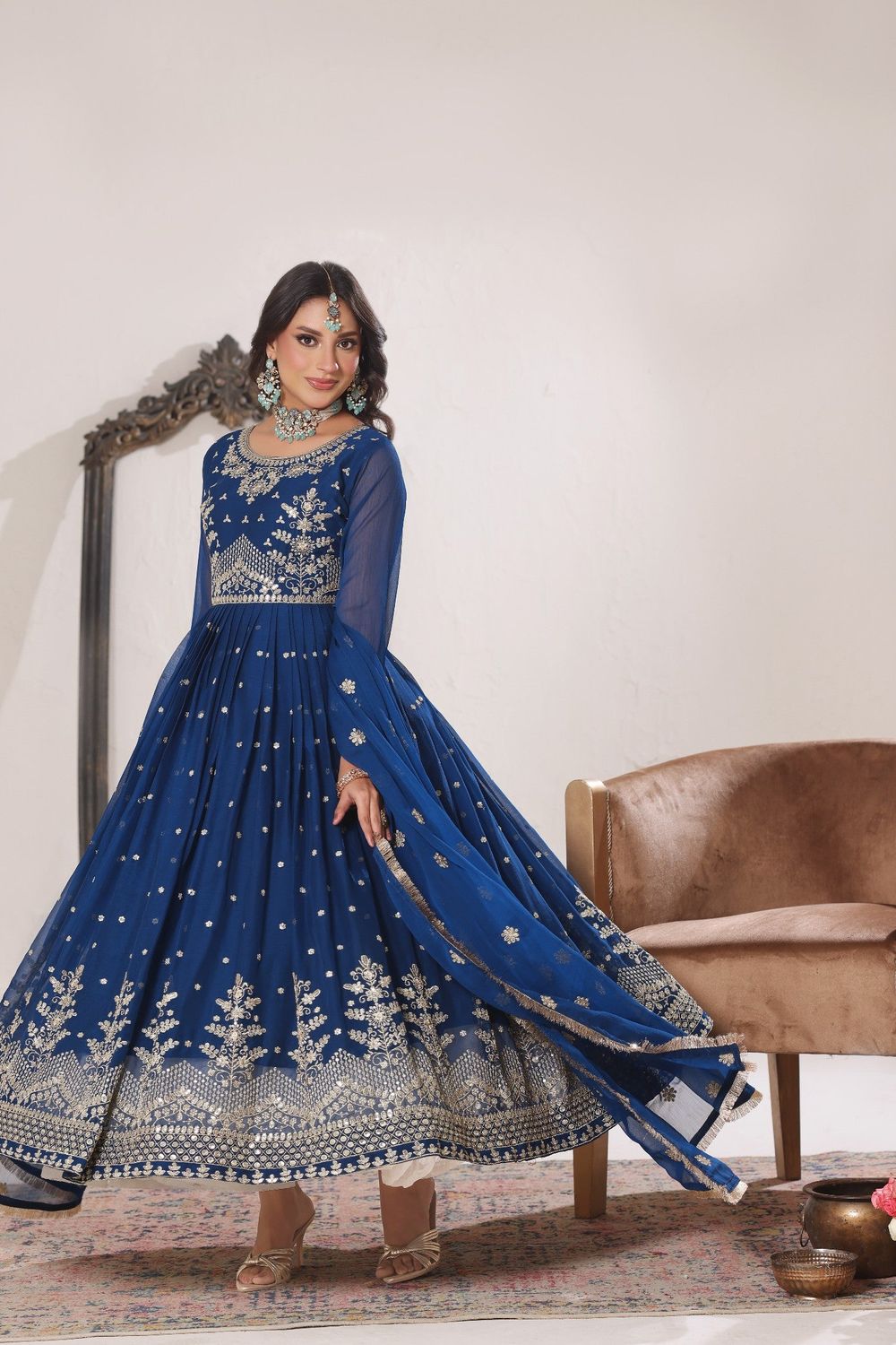 Blue Embroidered Chiffon Partywear Suit Online in Dubai UAE Abudhabi Ajman Sharjah