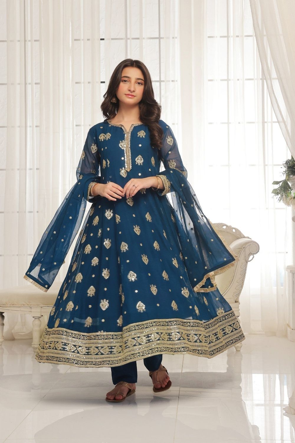 Blue Embroidered Chiffon Pishwas for Girls Online in Dubai UAE Abudhabi Ajman Sharjah