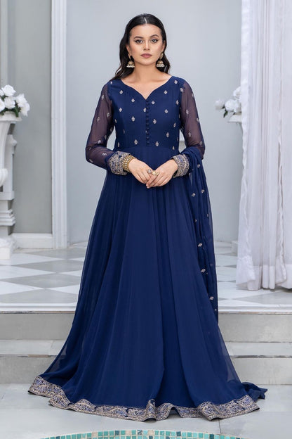 Blue Embroidered Chiffon Pishwas Suit Online in Dubai UAE Abudhabi Ajman Sharjah