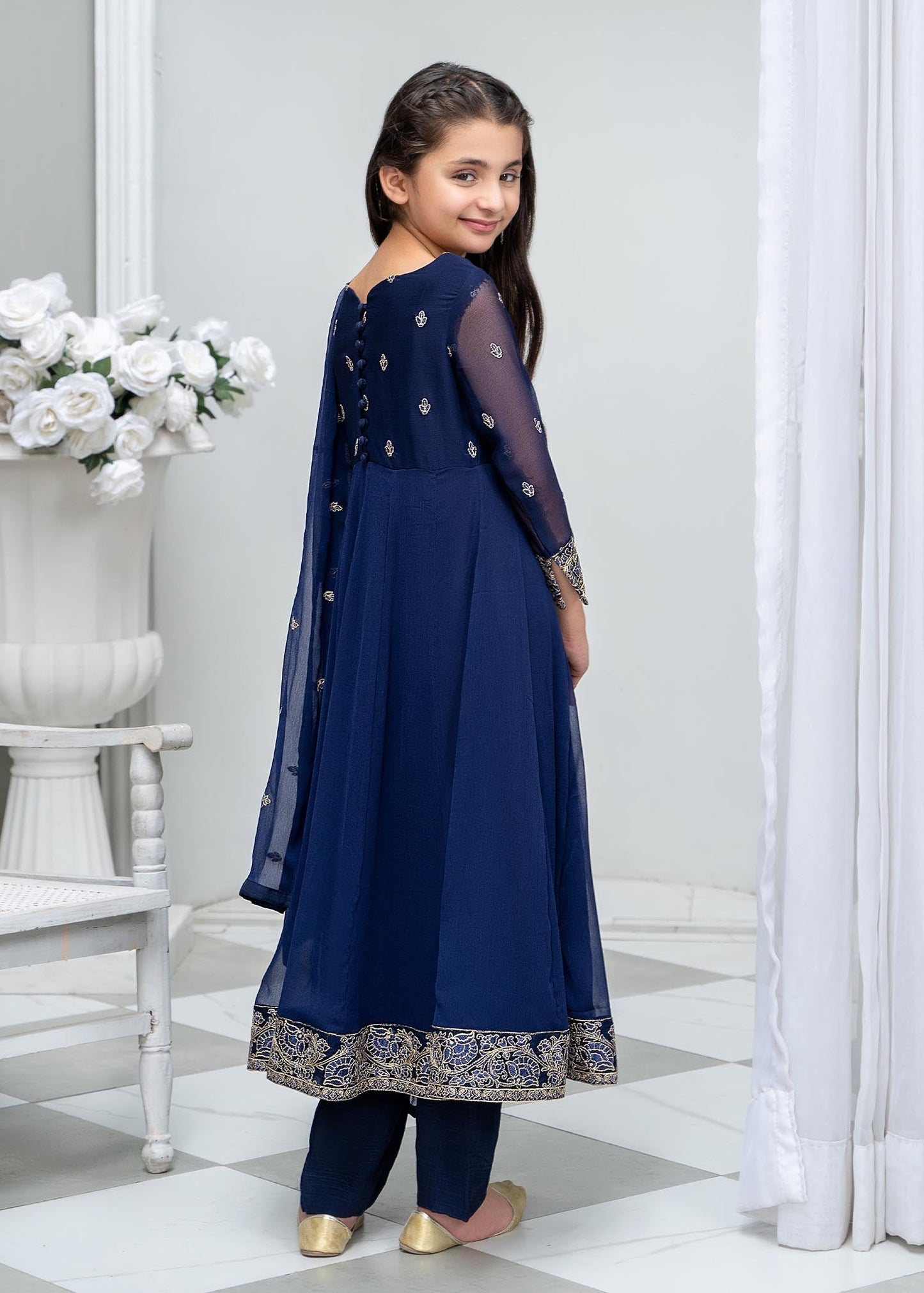 Blue Embroidered Chiffon Pishwas with Raw Silk Trouser Online in Sri Lanka India Australia