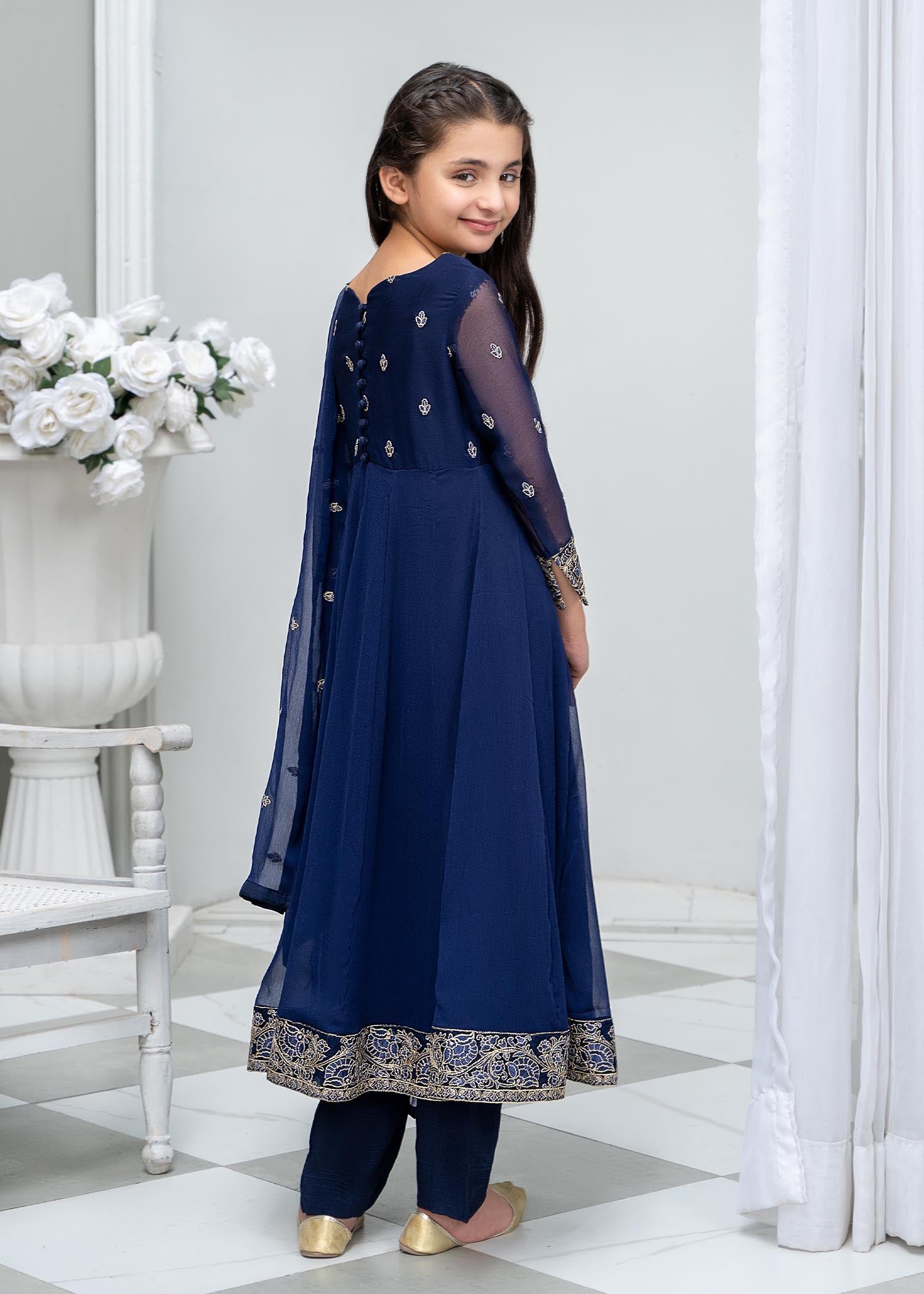 Blue Embroidered Chiffon Pishwas with Raw Silk Trouser Online in Sri Lanka India Australia