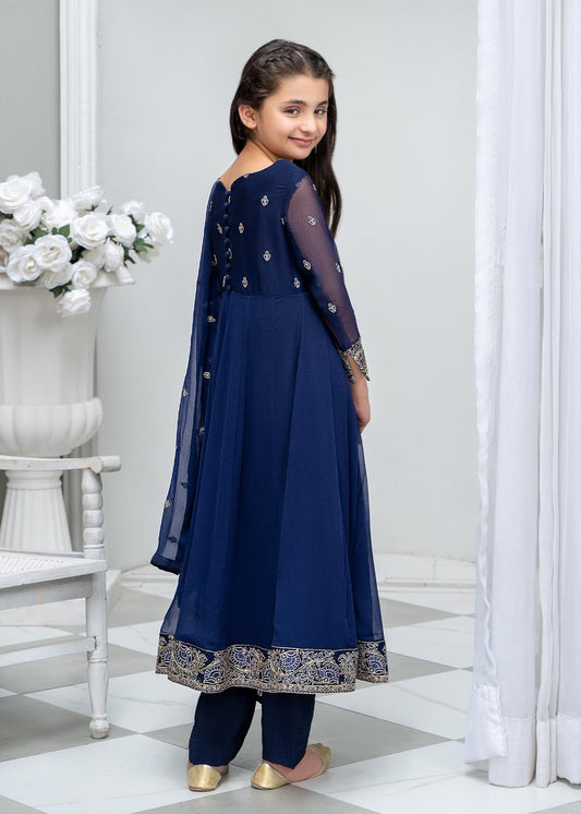 Blue Embroidered Chiffon Pishwas with Raw Silk Trouser Online in Sri Lanka India Australia