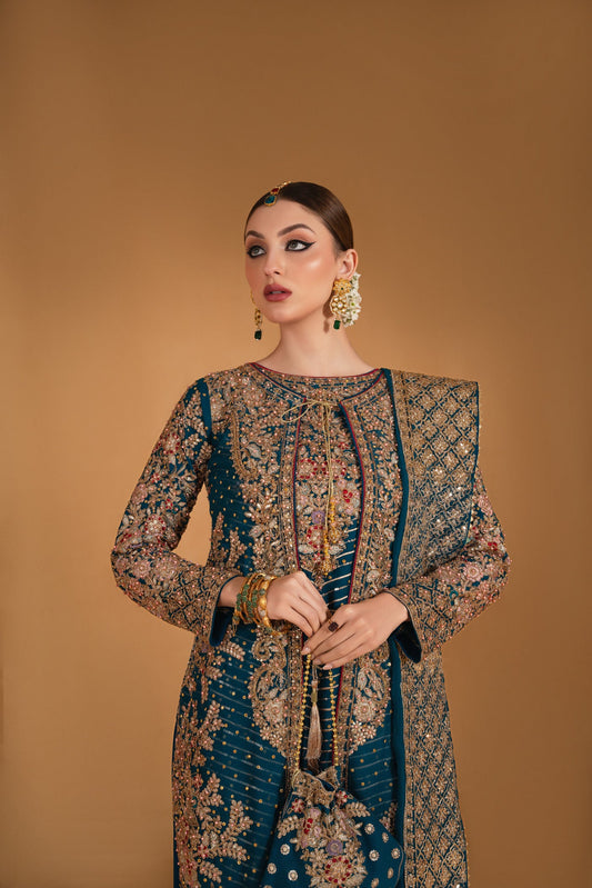 Blue Embroidered Chiffon Raw Silk Trouser Suit Online in Dubai DXB UAE Abudhabi Meena Bazaar