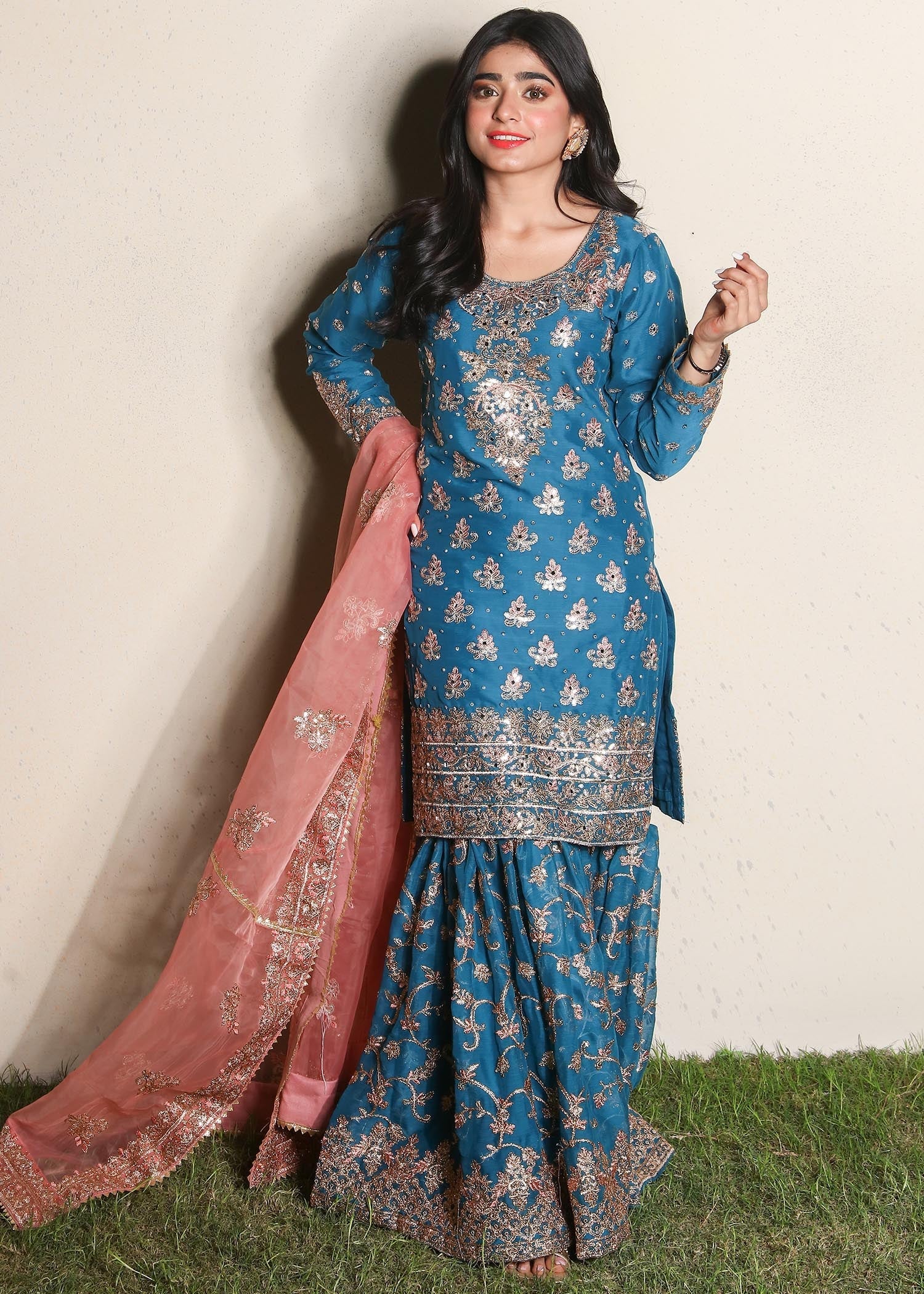 Blue Embroidered Chiffon Sharara Gharara Online in Sri Lanka India Australia