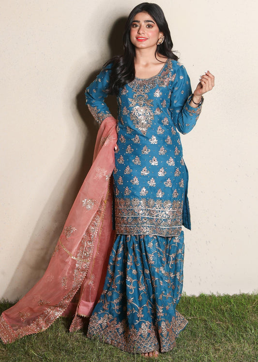 Blue Embroidered Chiffon Sharara Gharara Online in Sri Lanka India Australia