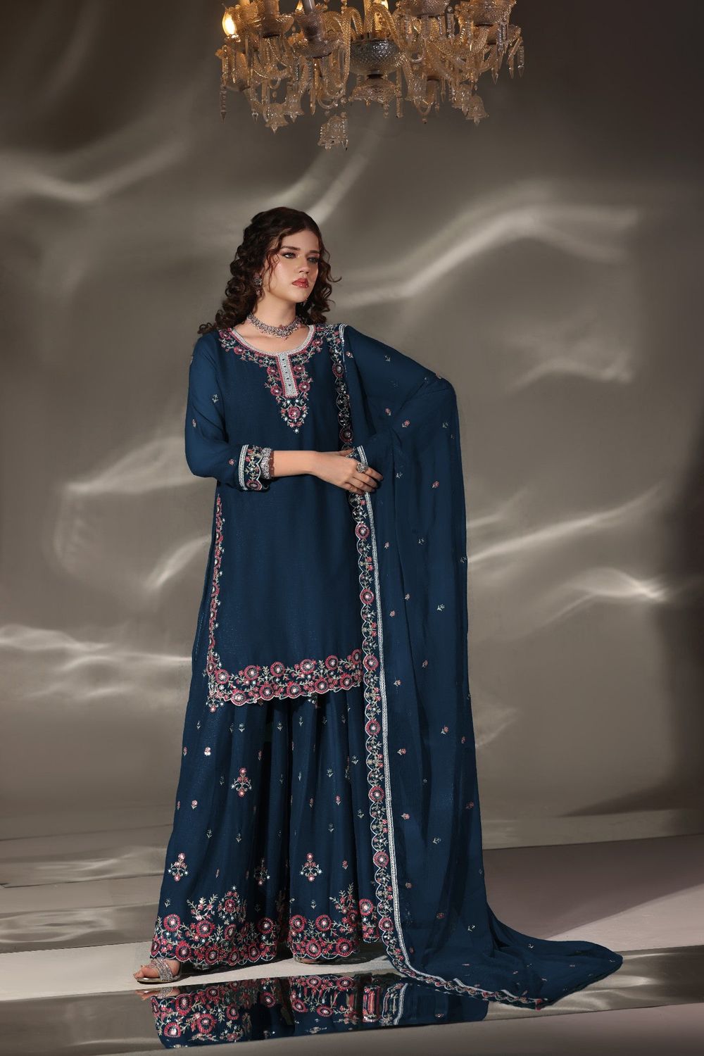 Blue Embroidered Chiffon Sharara Suit Online in Dubai UAE Abudhabi Ajman Sharjah