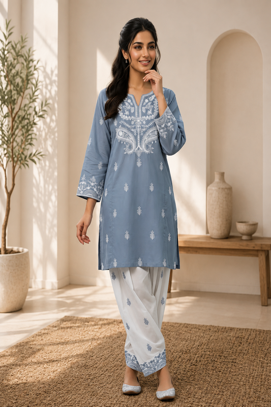 Blue Embroidered Cotton Farshi Shalwar Suit Online in Dubai UAE Abudhabi Ajman Sharjah