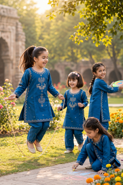 Blue Embroidered Cotton Kurta Set for Girls Online in Dubai UAE Abudhabi Ajman Sharjah