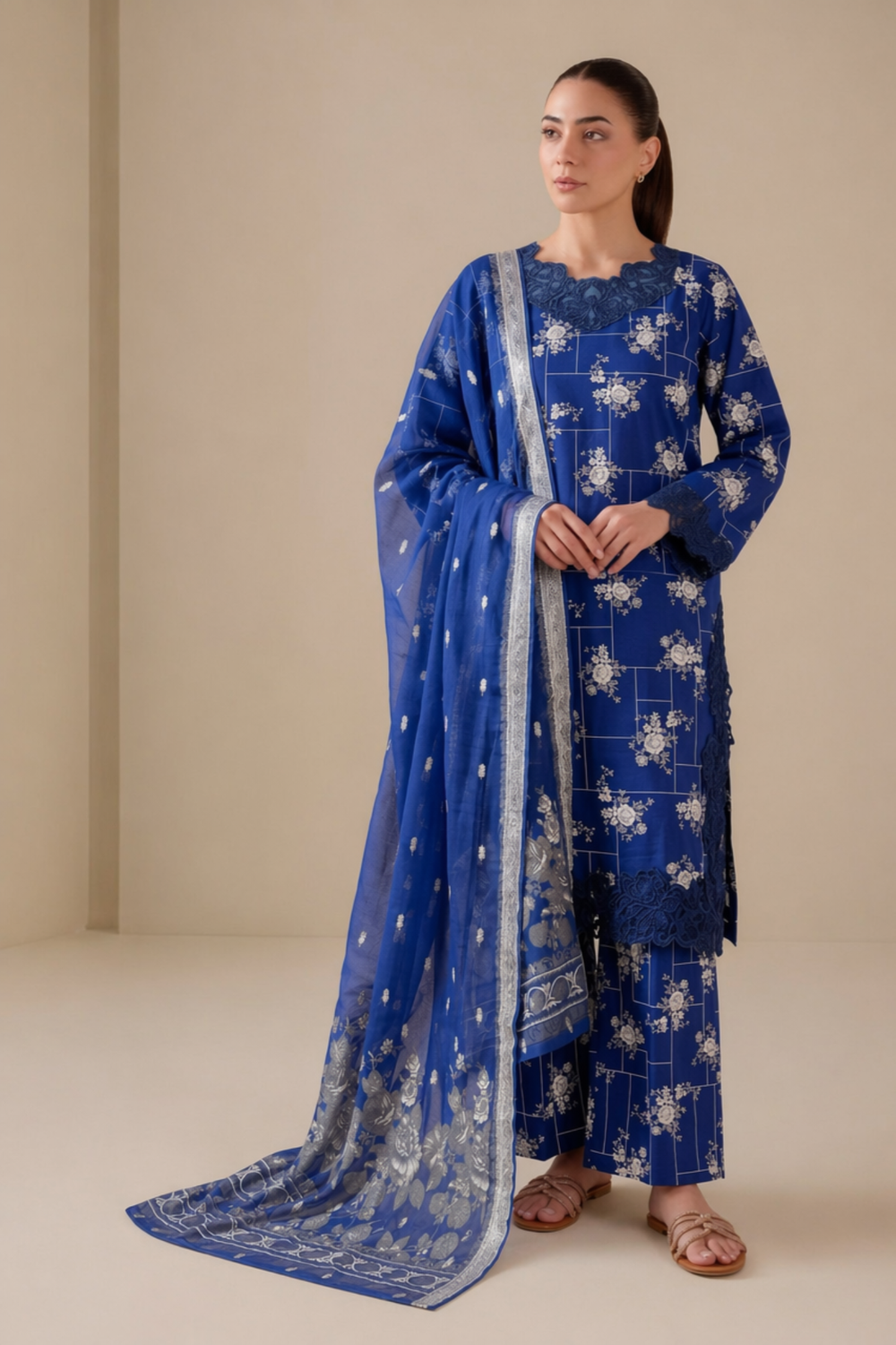 Blue Embroidered Grip Silk Long Kurta Trouser Set Online in Dubai UAE Abudhabi Ajman Sharjah
