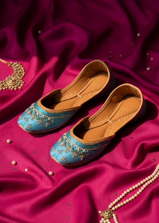 Blue Embroidered Khussa Ladies Ethnic Shoes Online in KSA Riyadh Saudi Arabia Oman Bahrain Qatar
