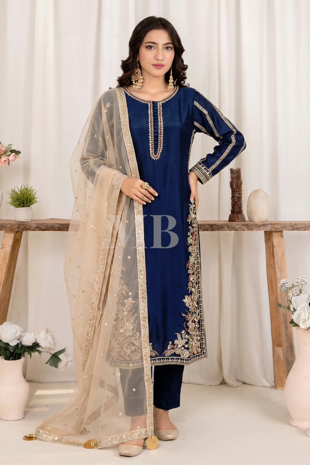 Blue Embroidered Korean Raw Silk Pakistani Designer Suit Online in Dubai UAE Abudhabi Ajman Sharjah