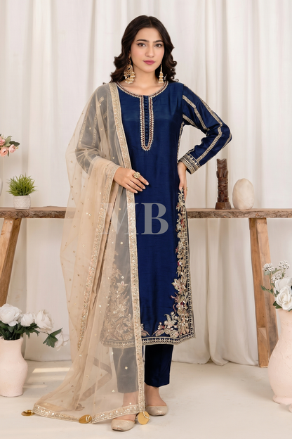 Blue Embroidered Korean Raw Silk Pakistani Designer Suit Online in Dubai UAE Abudhabi Ajman Sharjah