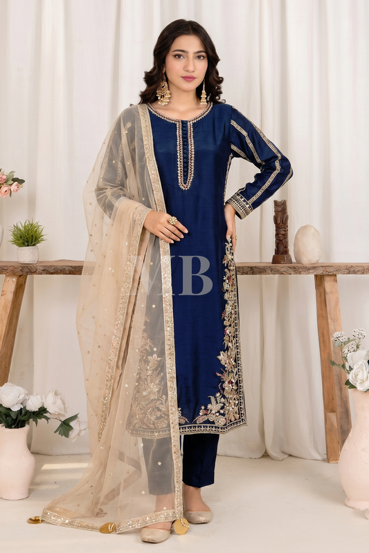 Blue Embroidered Korean Raw Silk Pakistani Designer Suit Online in Dubai UAE Abudhabi Ajman Sharjah