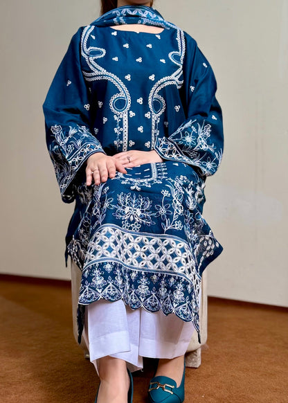 Blue Embroidered Lawn 3 Piece Suit Online in Sri Lanka India Australia