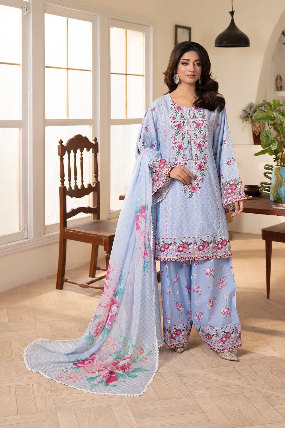 Blue Embroidered Lawn Farshi Shalwar Suit Online in Dubai UAE Abudhabi Ajman Sharjah