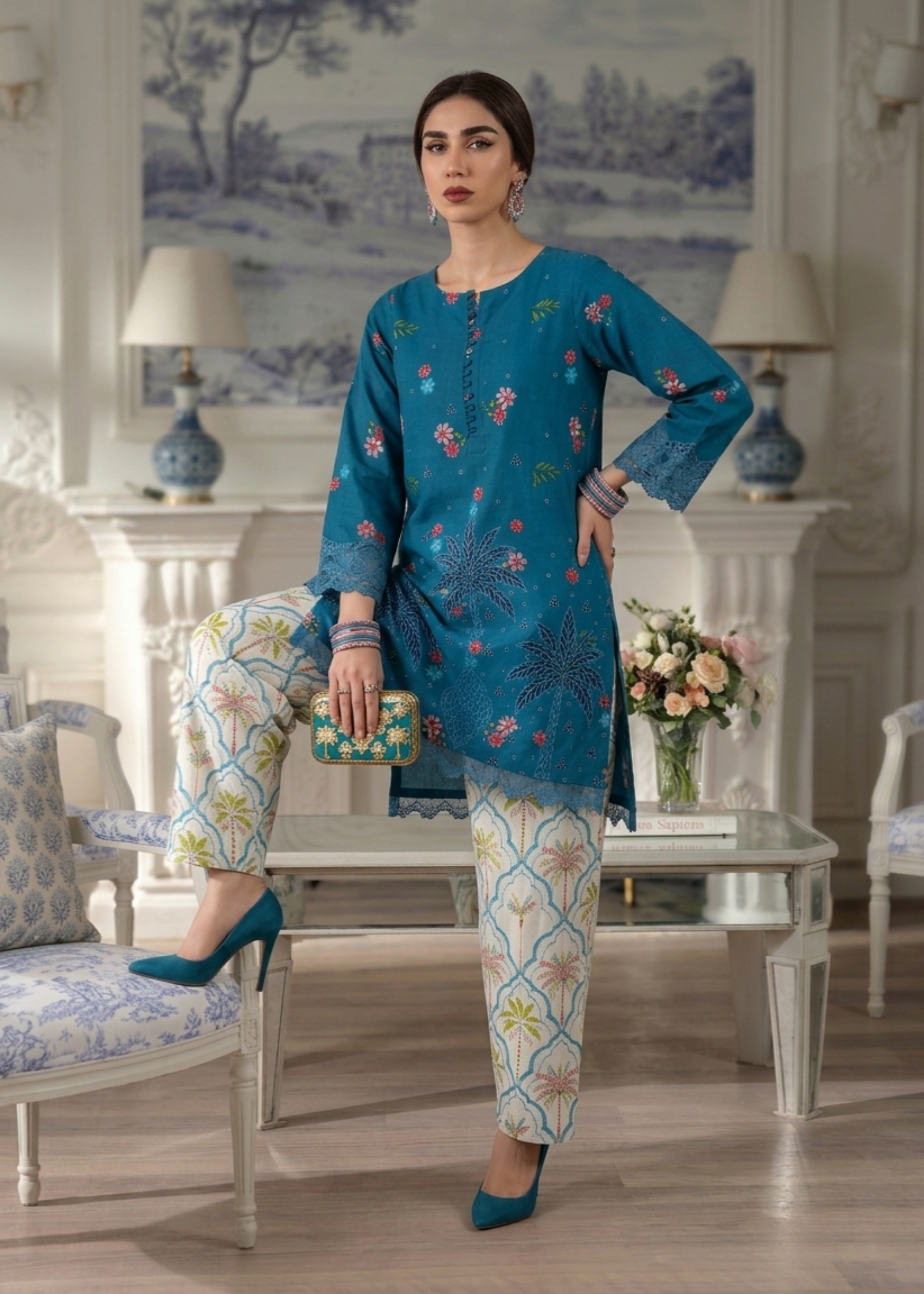 Blue Embroidered Lawn Festive Suit Online in Sri Lanka India Australia