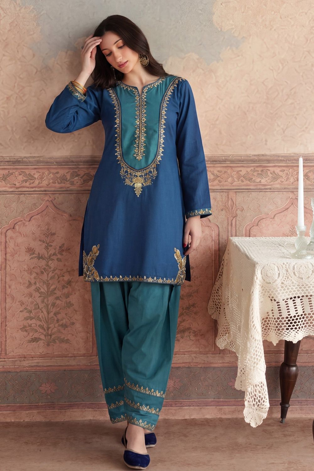 Blue Embroidered Lawn Kurta Pajama Online in Dubai UAE Abudhabi Ajman Sharjah