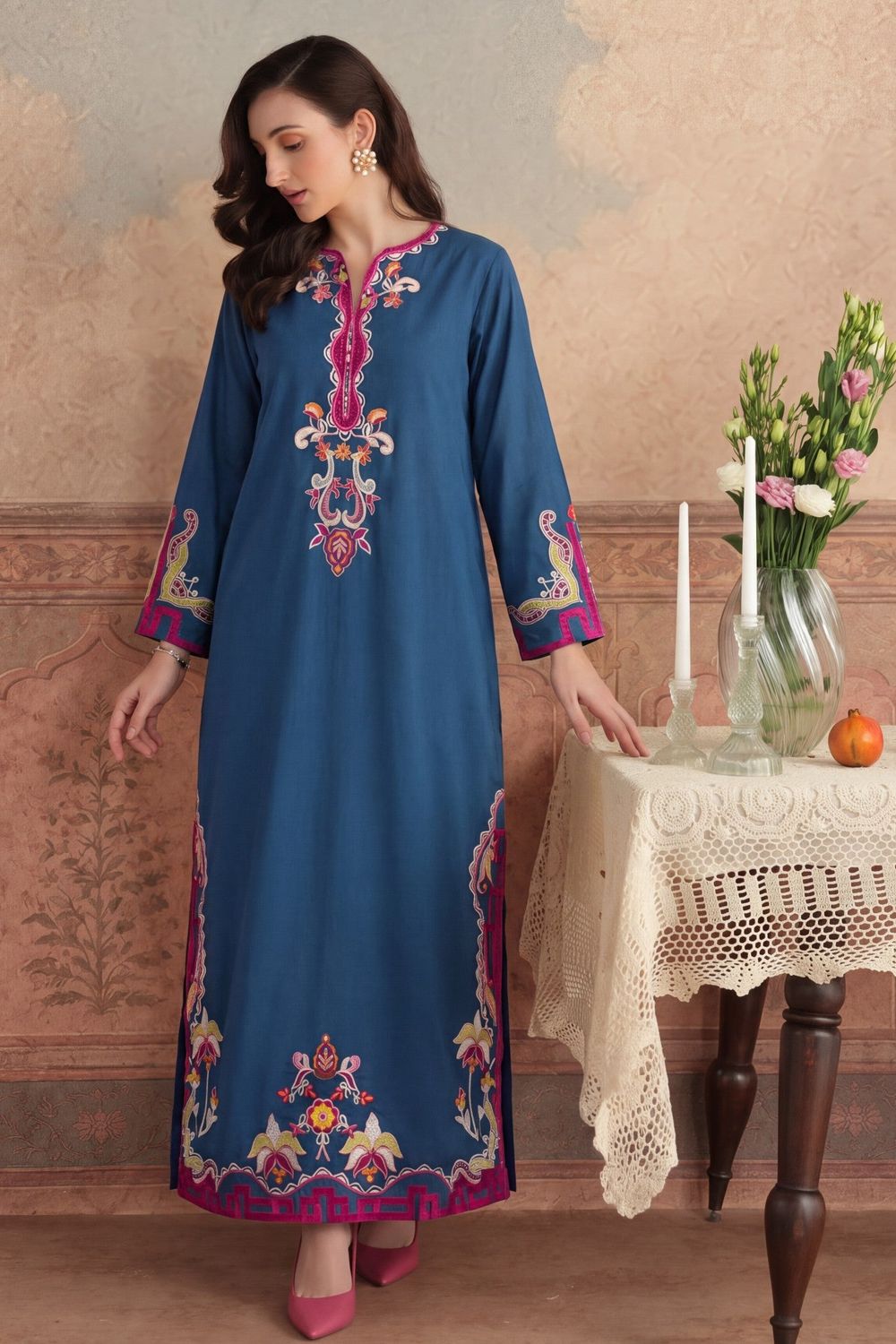 Blue Embroidered Lawn Kurta Set Online in Dubai UAE Abudhabi Ajman Sharjah