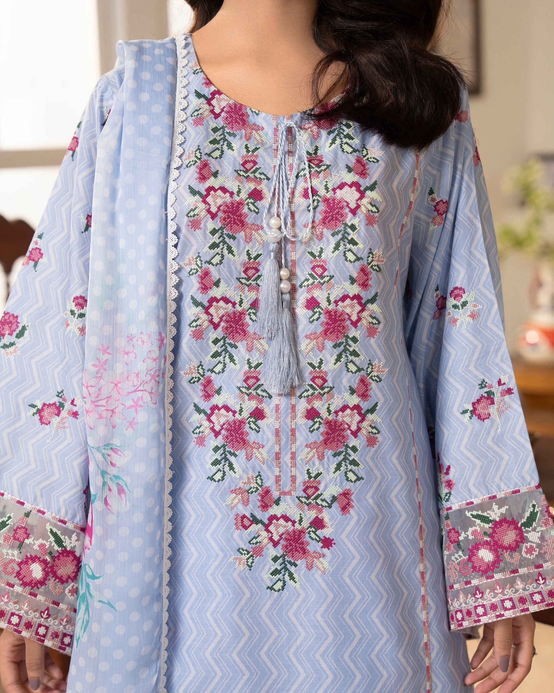 Blue Embroidered Lawn Pakistani Farshi Suit Online in Sri Lanka India Australia