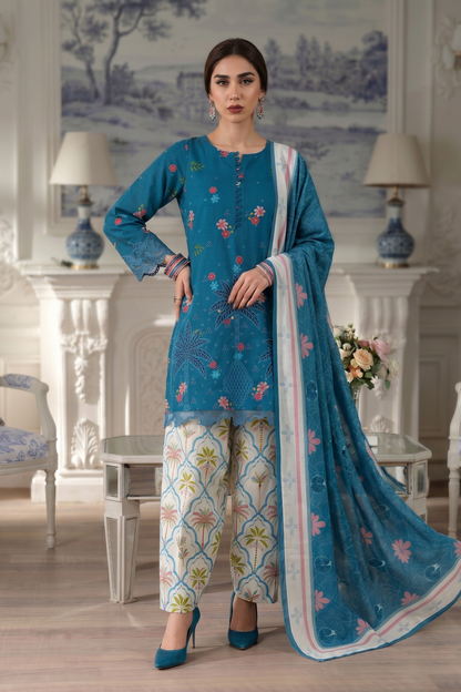 Blue Embroidered Lawn Party Wear Suit Online in Dubai UAE Abudhabi Ajman Sharjah