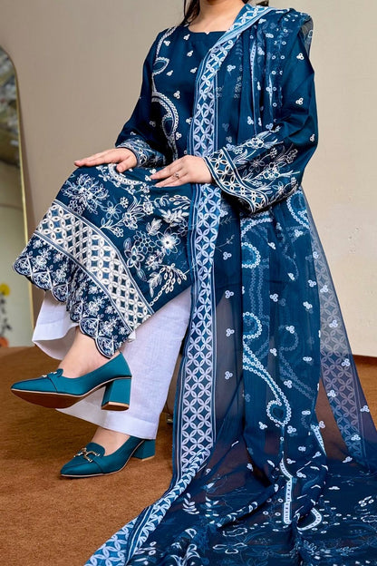 Blue Embroidered Lawn Straight Cut Kurta Set Online in Dubai UAE Abudhabi Ajman Sharjah
