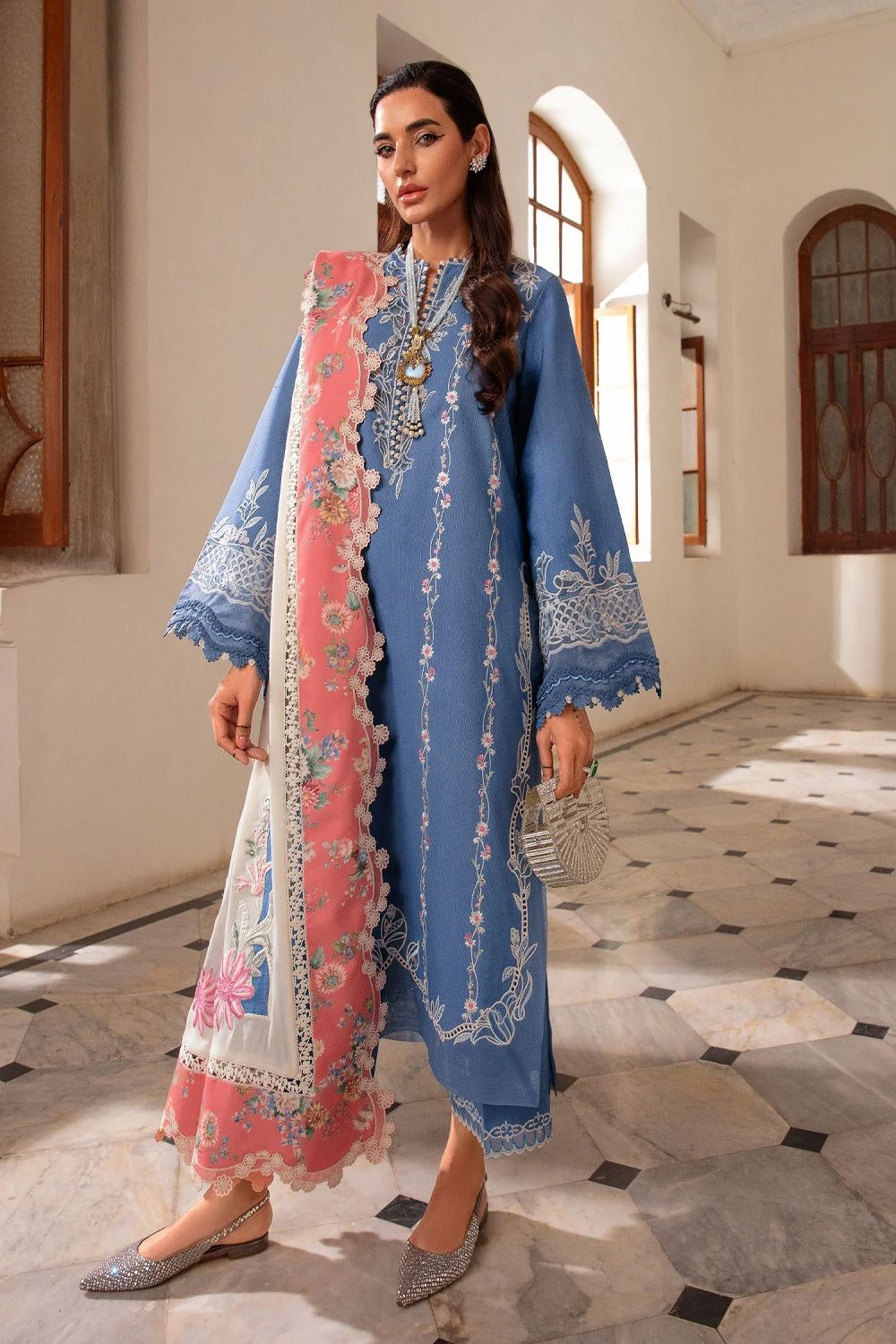Blue Embroidered Lawn Suit Online in Dubai UAE Abudhabi Ajman Sharjah