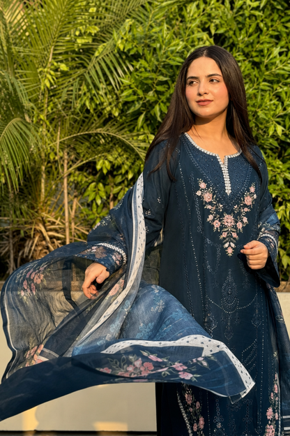 Blue Embroidered Lawn Suit Online in Dubai UAE Abudhabi Ajman Sharjah