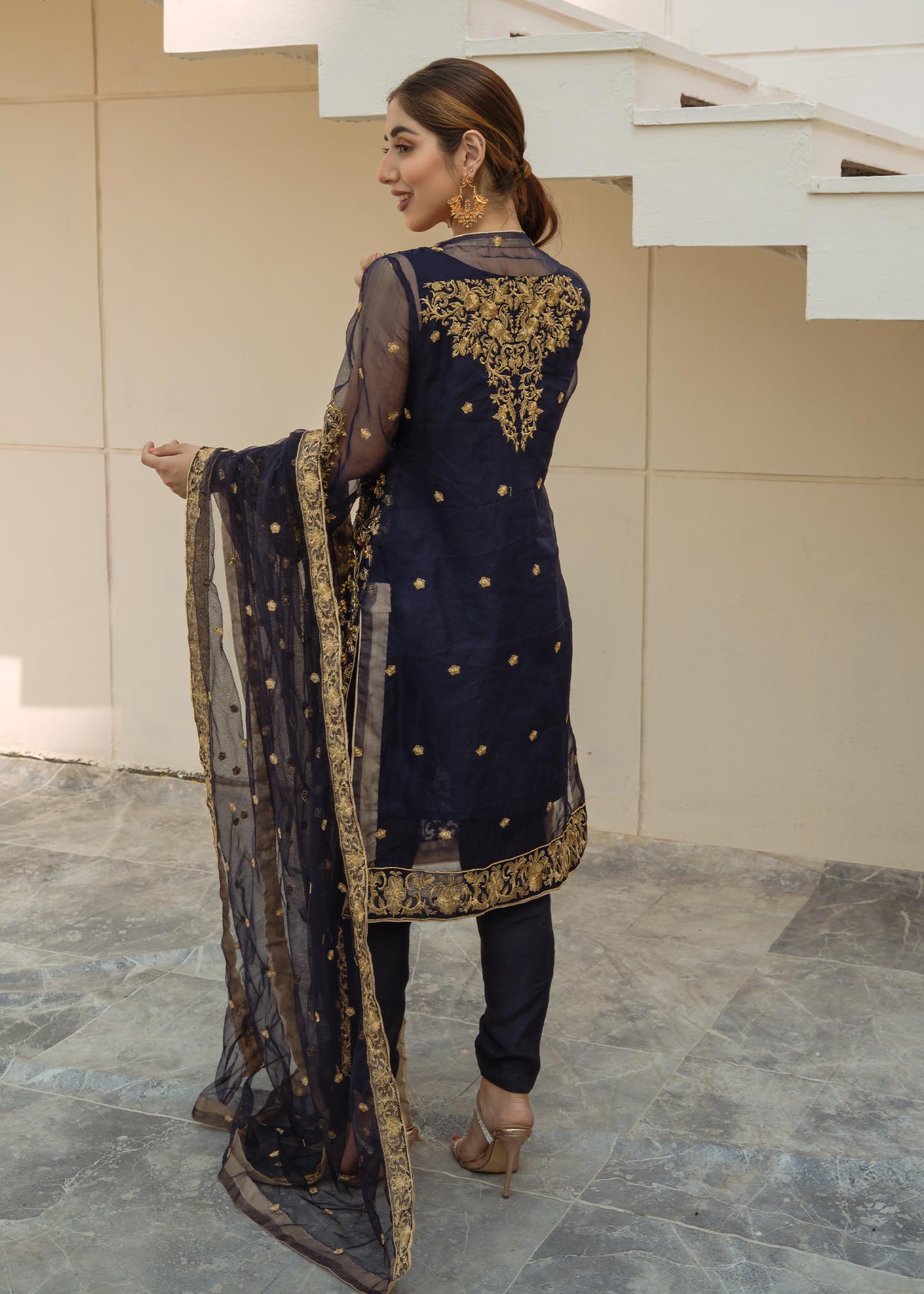 Blue Embroidered Organza Front Open Jacket Suit Online in Dubai UAE Abudhabi Ajman Sharjah