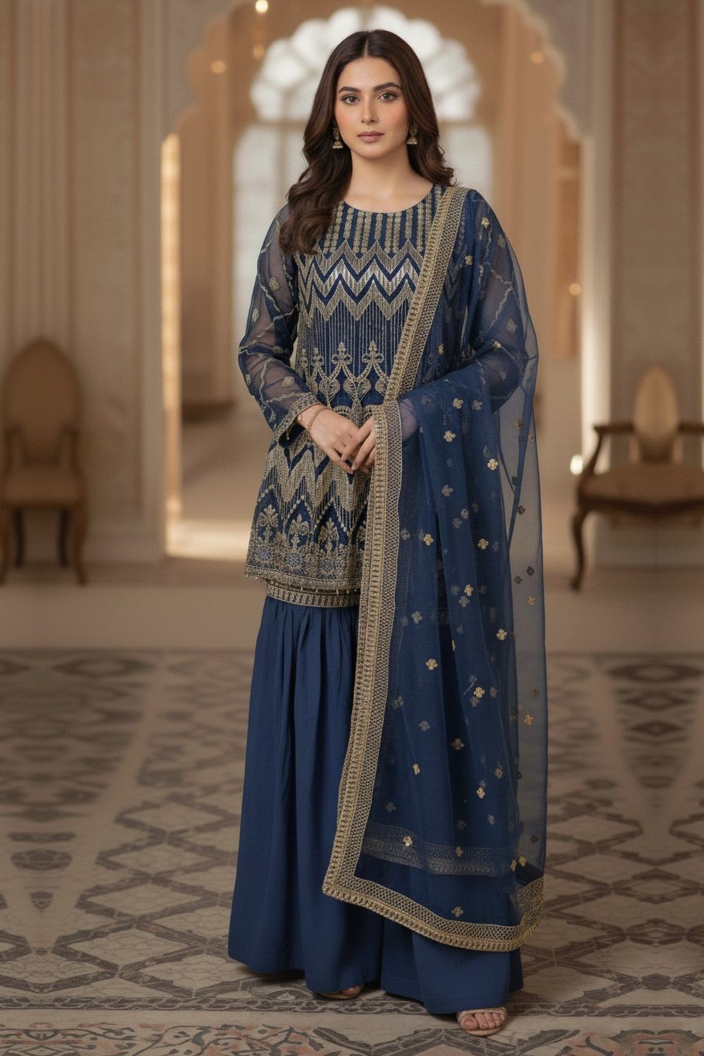 Blue Embroidered Organza Gharara Online in Dubai UAE Abudhabi Ajman Sharjah