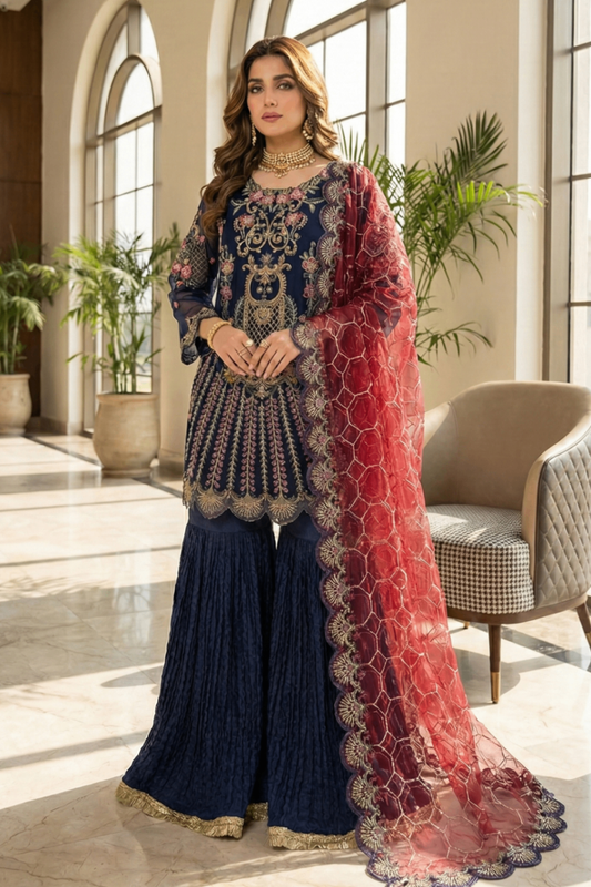 Blue Embroidered Organza Gharara Online in Dubai UAE Abudhabi Ajman Sharjah