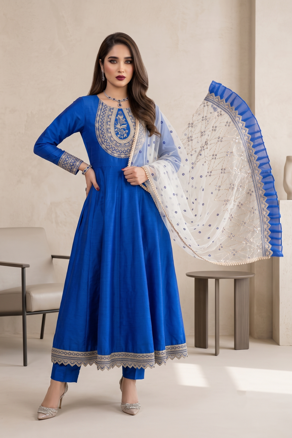 Blue Embroidered Raw Silk Maxi Dress Online in Dubai UAE Abudhabi Ajman Sharjah