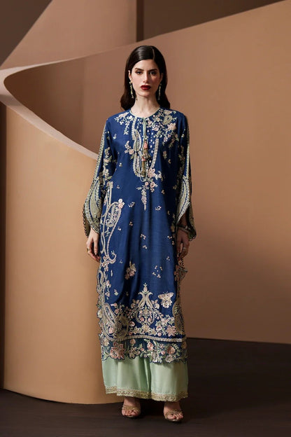 Blue Embroidered Shamooz Silk Pakistani Suit Online in Dubai UAE Abudhabi Ajman Sharjah