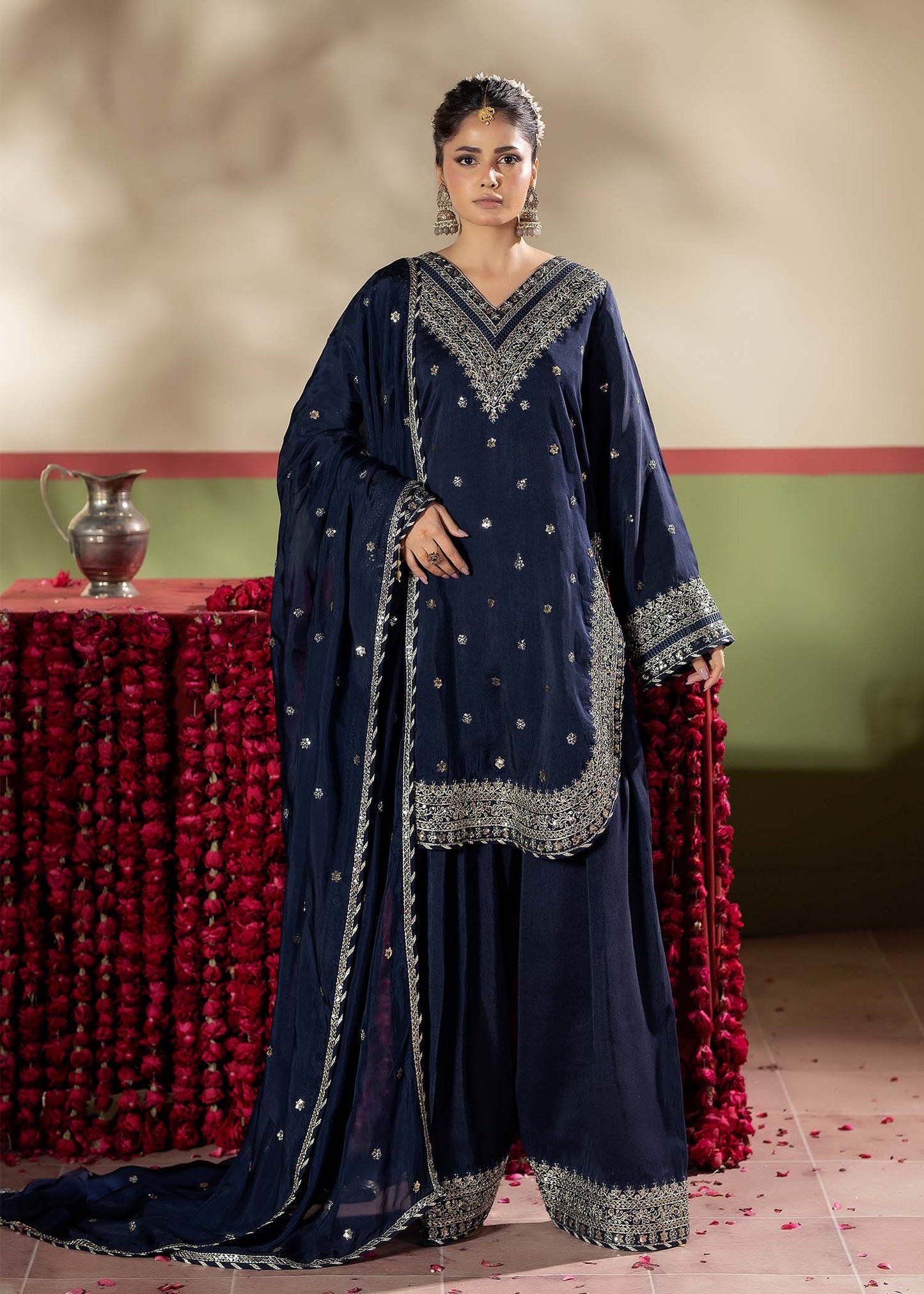Blue Festive Farshi Shalwar with Silk Dupatta Online in Dubai DXB UAE Abudhabi Meena Bazaar
