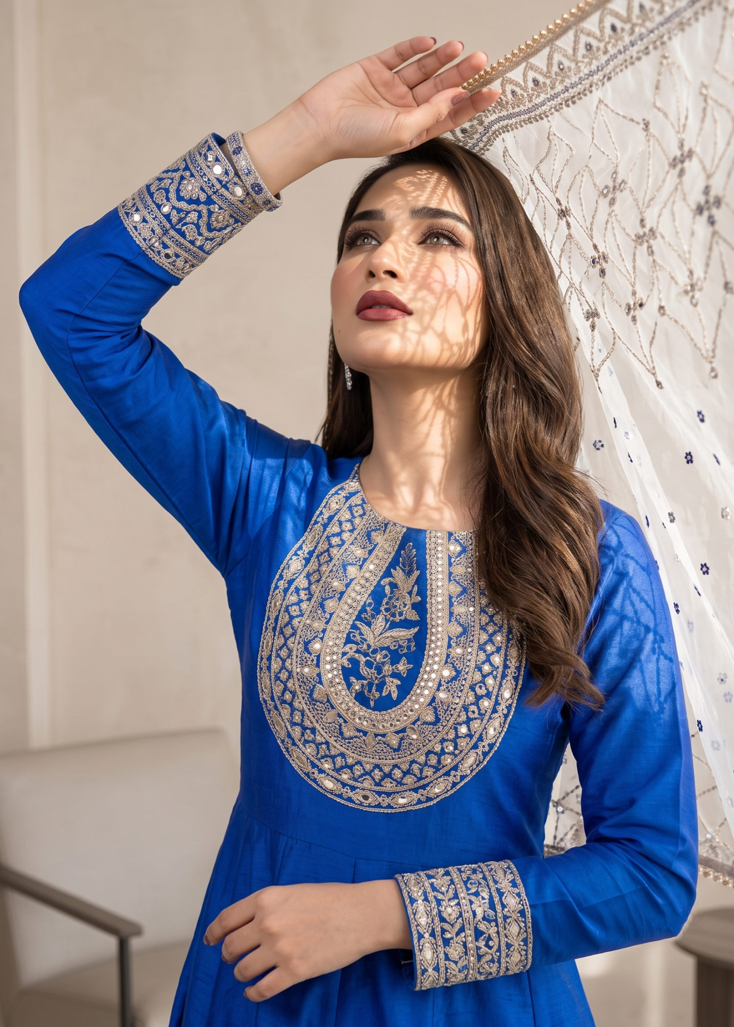 Blue Flared Maxi Raw Silk Embroidered Dress Online in Dubai UAE Abudhabi Ajman Sharjah