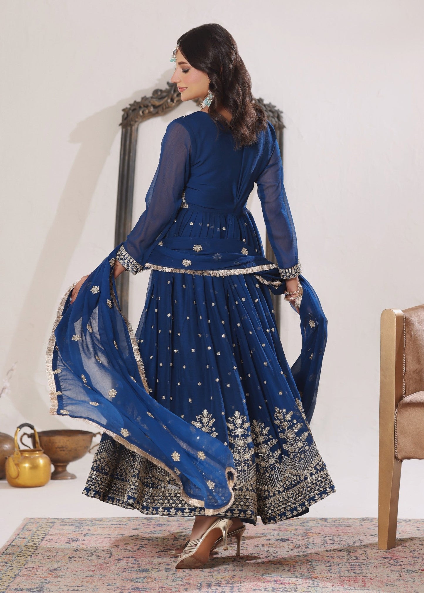 Blue Flared Pishwas Chiffon Dupatta Set Online in Sri Lanka India Australia