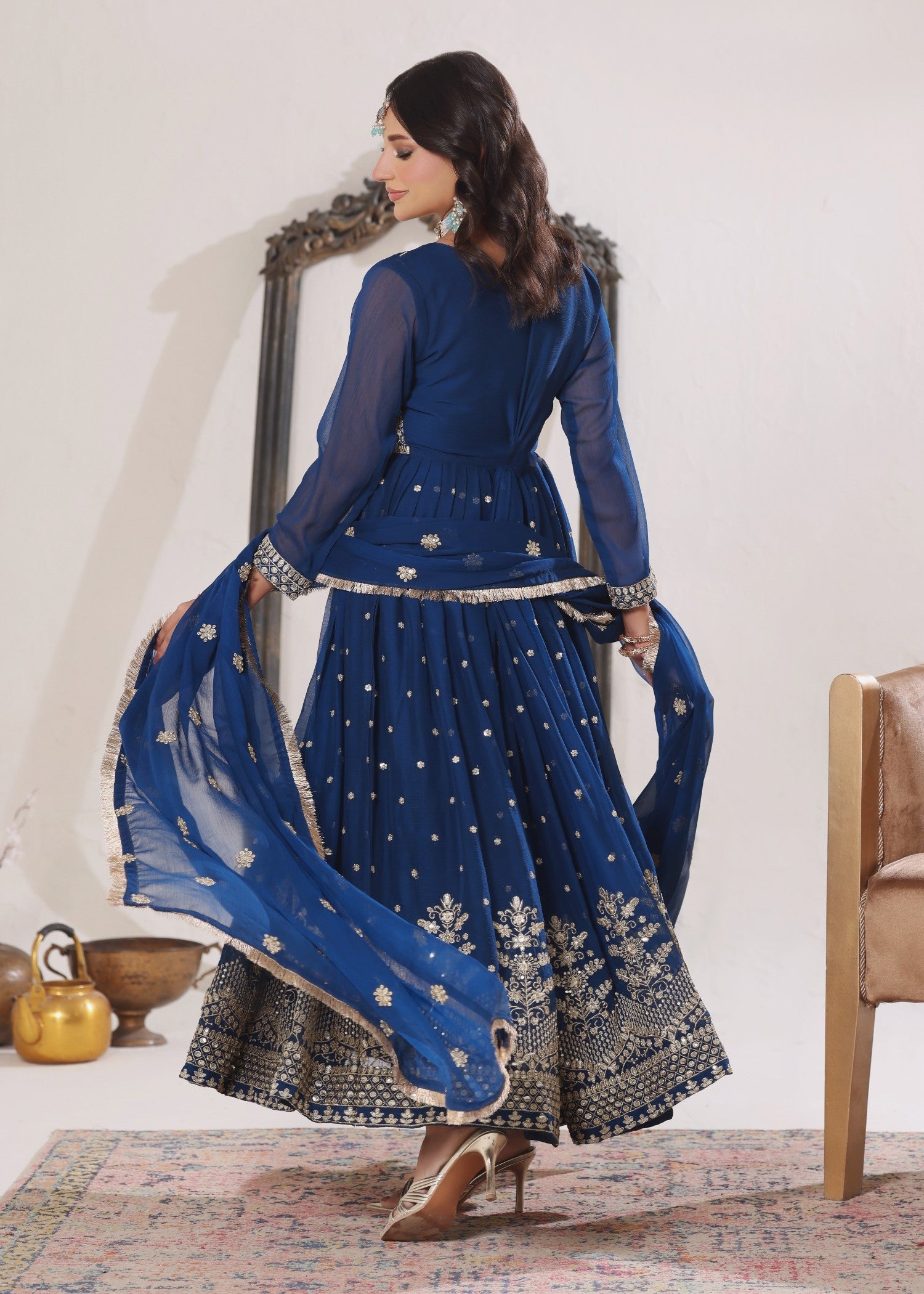 Blue Flared Pishwas Chiffon Dupatta Set Online in Sri Lanka India Australia