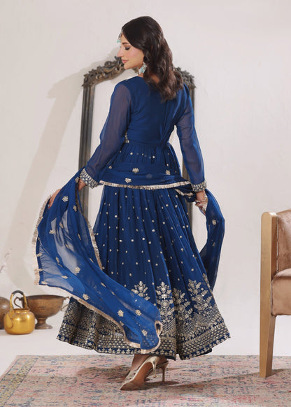 Blue Flared Pishwas Chiffon Dupatta Set Online in Sri Lanka India Australia