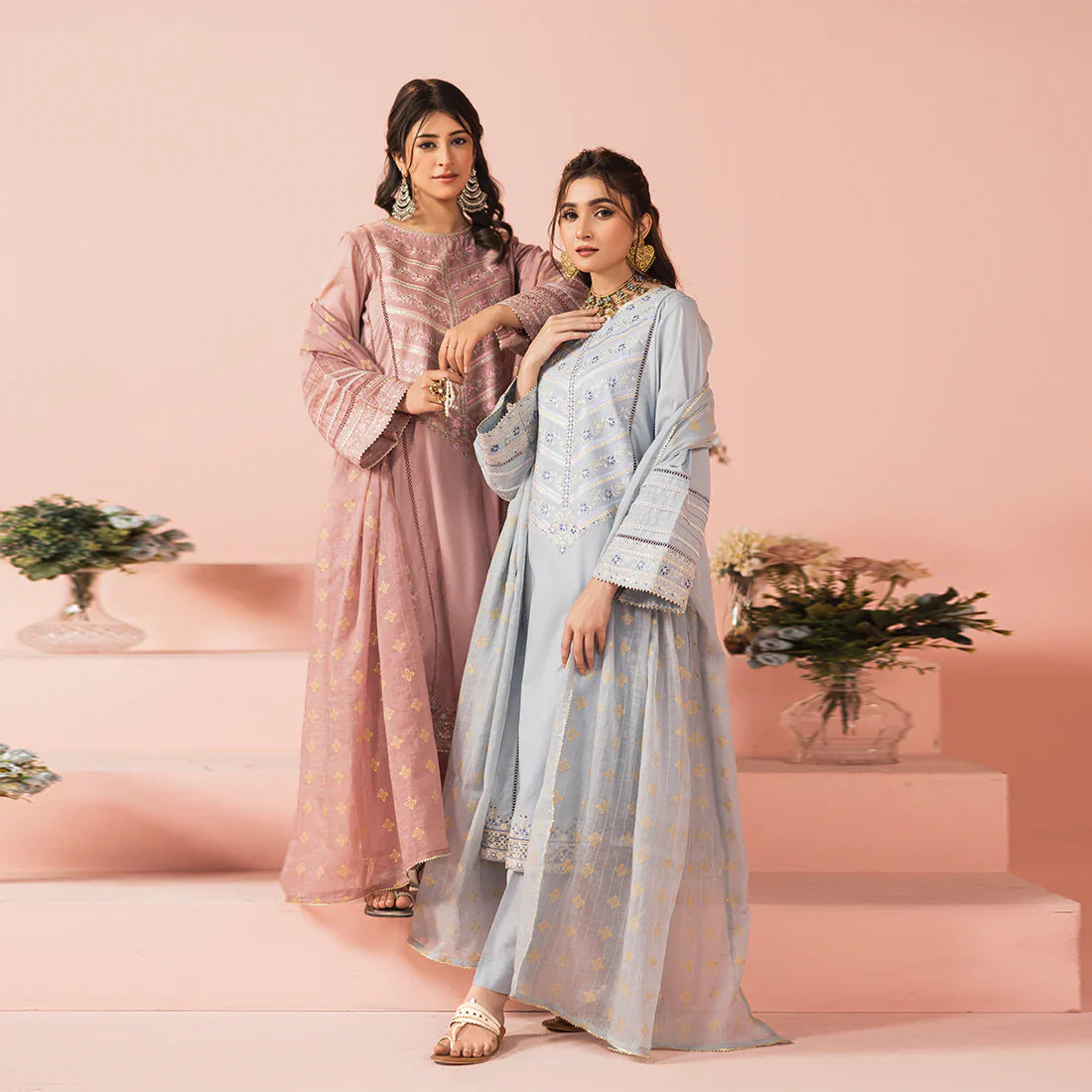 Blue Grey Embroidered Cotton 3pc Suit Online in Dubai UAE Abudhabi Ajman Sharjah