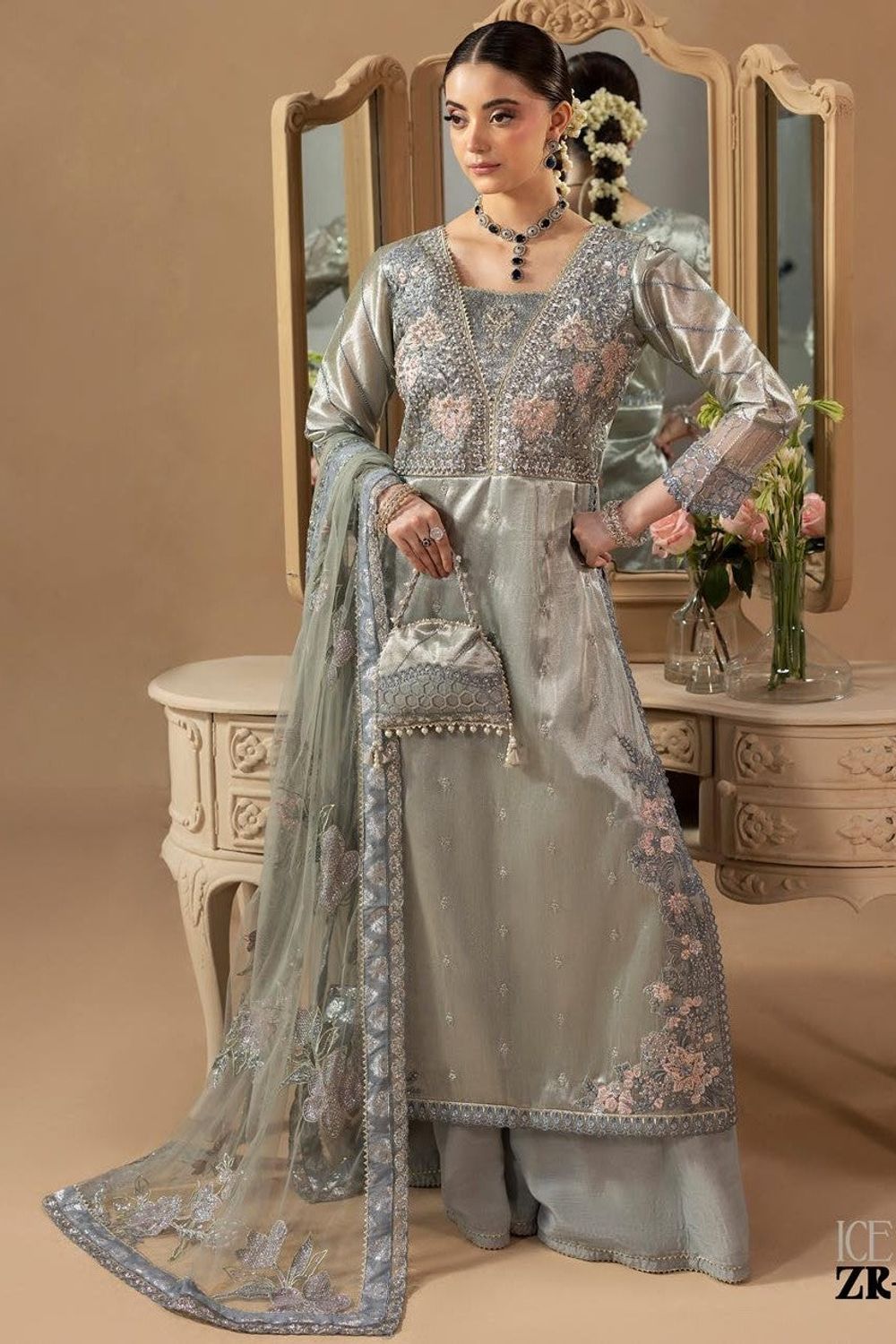 Blue Hand Embellished Silk Sharara Gharara Online in Dubai UAE Abudhabi Ajman Sharjah