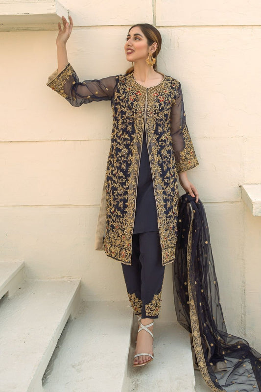 Blue Jewel Embellished Organza Salwar Kameez Online in Dubai UAE Abudhabi Ajman Sharjah