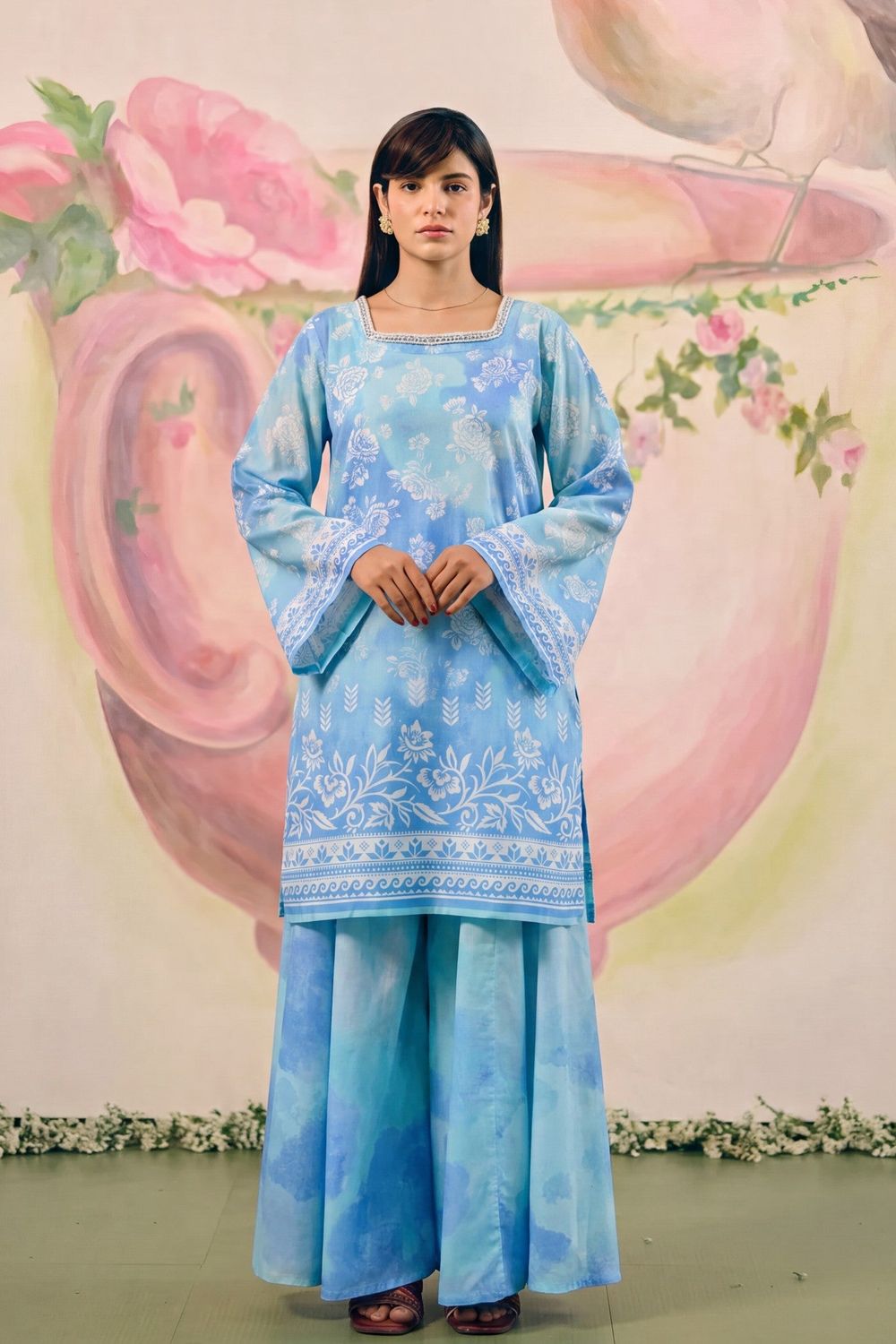 Blue Lagoon Embellished Lawn Sharara Online in Dubai UAE Abudhabi Ajman Sharjah