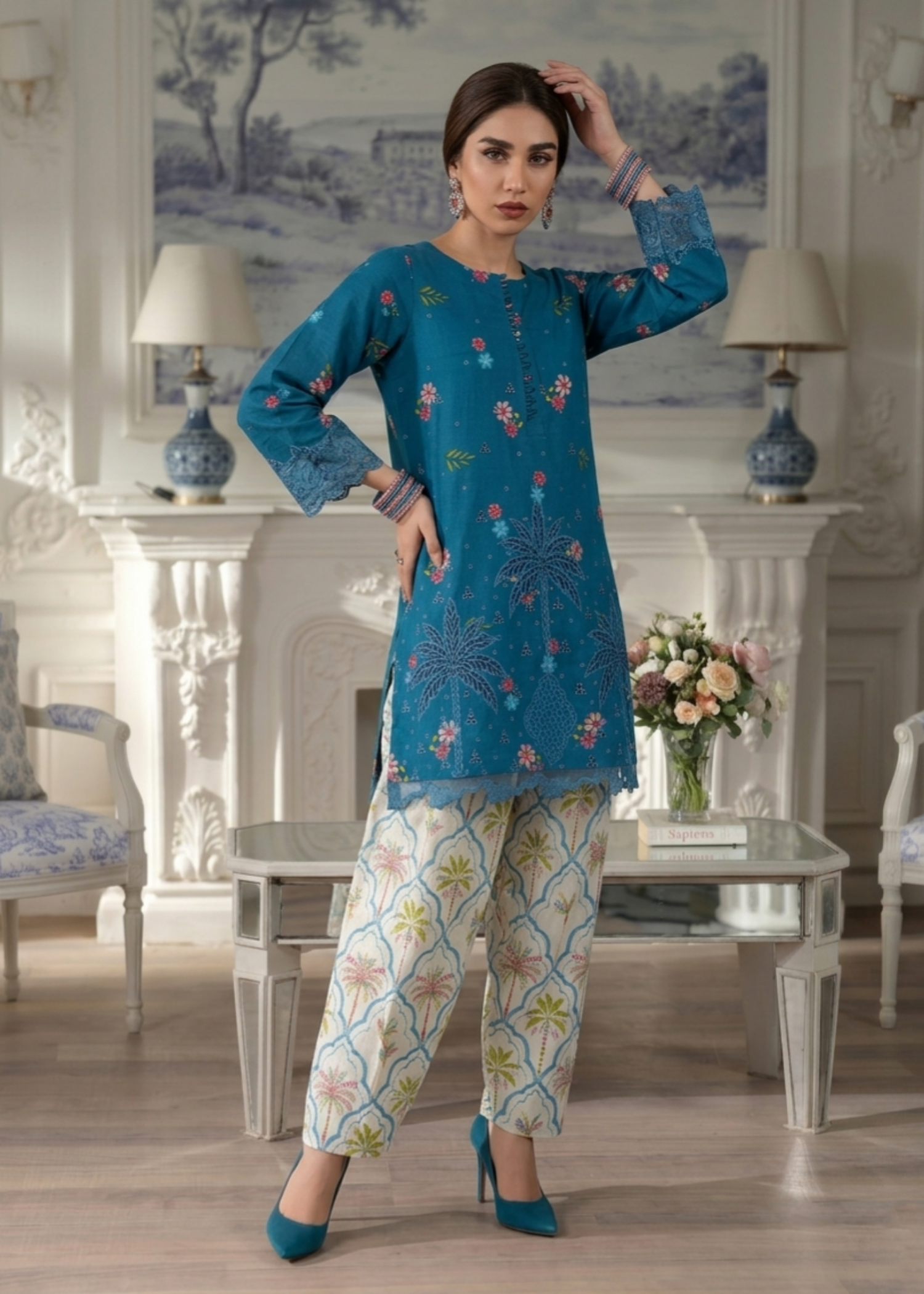 Blue Lawn Embroidered Party Wear Salwar Suit Online in Dubai UAE Abudhabi Ajman Sharjah