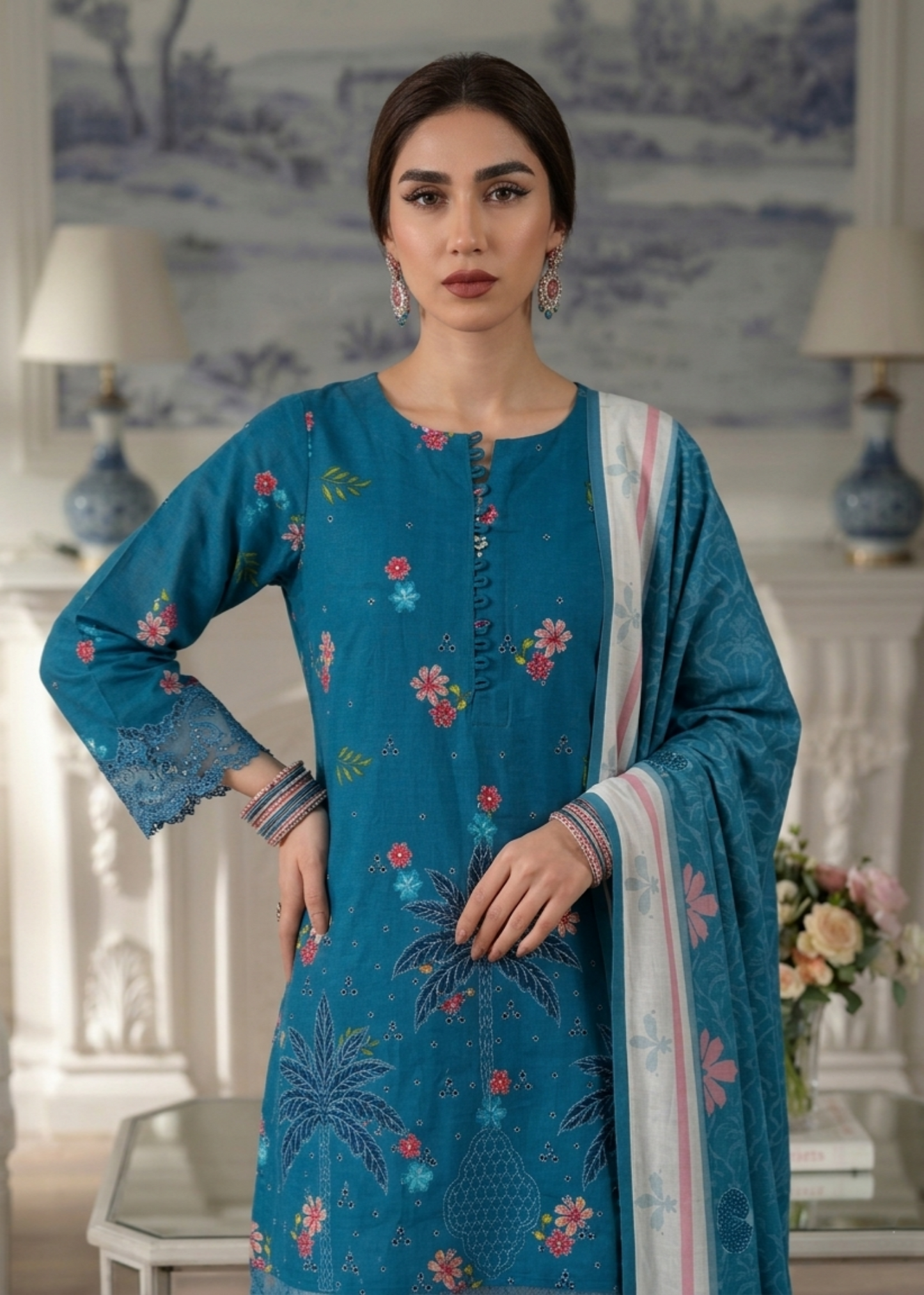 Blue Lawn Embroidered Straight Kurta Suit Online in Dubai UAE Abudhabi Ajman Sharjah