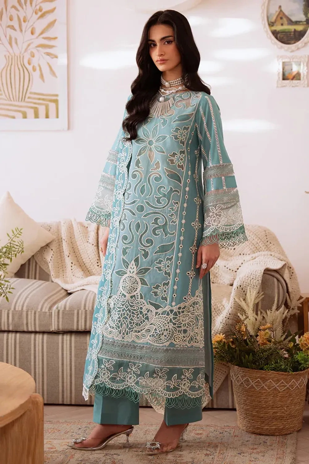 Blue Luxury Lawn Formal Wear Suit Online in Dubai UAE Abudhabi Ajman Sharjah
