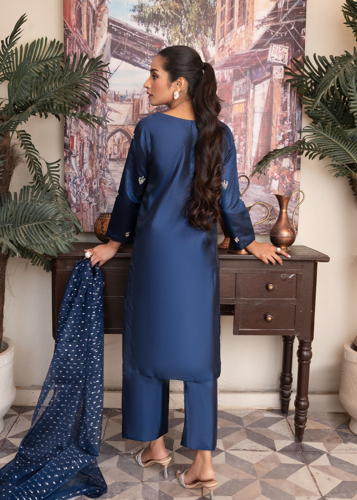 Blue Pearl Embroidered Kattan Silk Party Wear Suit Online in Sri Lanka India Australia