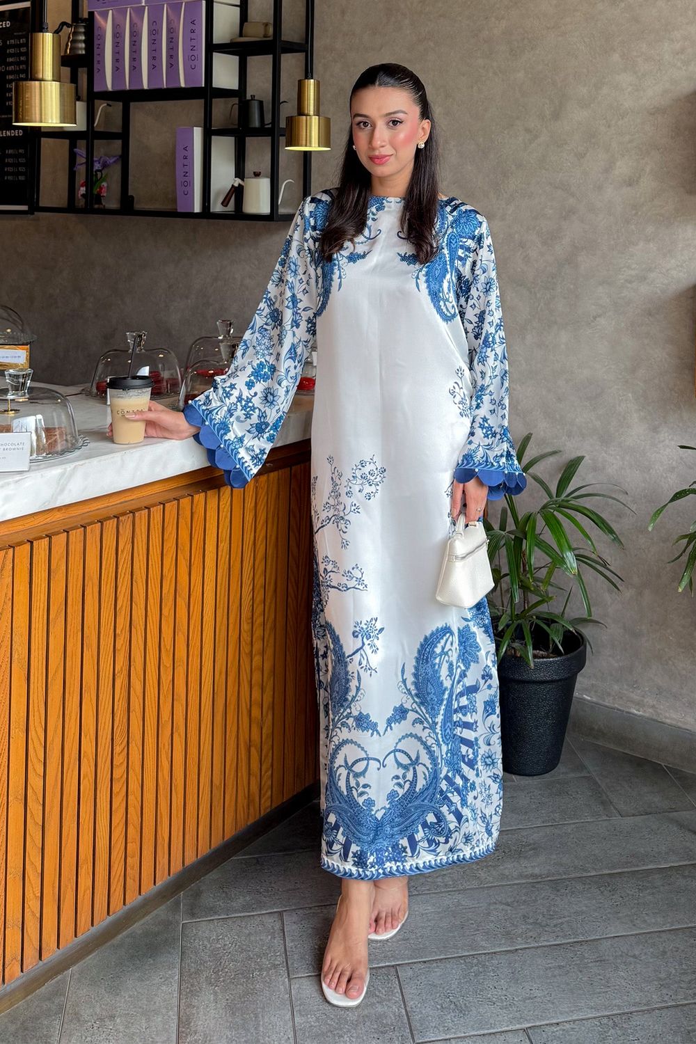 Blue Printed Satin Silk Kaftan Online in Dubai UAE Abudhabi Ajman Sharjah